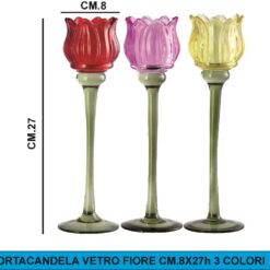 PORTACANDELA VETRO FIORE CM.8X27h 3 COLORI