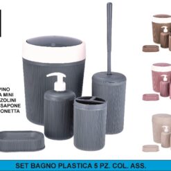SET BAGNO PLASTICA 5 PZ. DISPENSER/PORTASCOPINO/PORTASPAZZOLINI/POGGIASAPONE/PATTUMIERA COL. ASS.