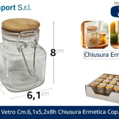 VASETTO VETRO CM.6,1X5,2X8h CHIUSURA ERMETICA COP. LEGNO