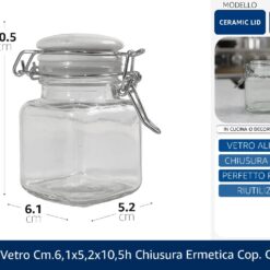 VASETTO VETRO CM.6,1X5,2X10,5h CHIUSURA ERMETICA COP. CERAMICA