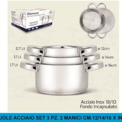 CASSERUOLE ACCIAIO SET 3 PZ. 2 MANICI CM.12/14/16 X INDUZIONE