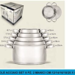 CASSERUOLE ACCIAIO SET 5 PZ. 2 MANICI CM.12/14/16/18/20 X INDUZIONE