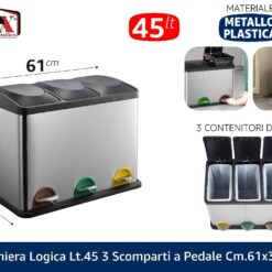 PATTUMIERA LOGICA LT.45 3 SCOMPARTI A PEDALE CM.61X36X49h