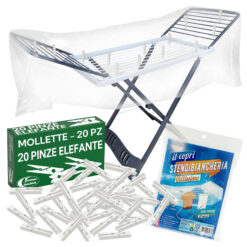 Sicignano | Stendino Pieghevole Antiscivolo con Ruote Aladino, 20 metri di Stenditura, 100% Resina, con Gancio Sicurezza, Made in Italy (Stendino + Mollette + Copristendino)