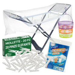 Sicignano | Stendino Pieghevole Antiscivolo con Ruote Aladino, 20 metri di Stenditura, 100% Resina, con Gancio Sicurezza, Made in Italy (Stendino+Mollette+Copristendino+Portamollette)