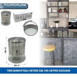 TRIS BARATTOLI VETRO CM.14h VETRO ACCIAIO