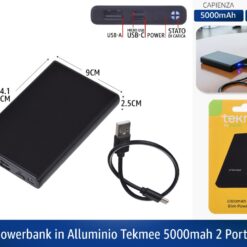 POWERBANK IN ALLUMINIO TEKMEE 5000MAH 2 PORTE
