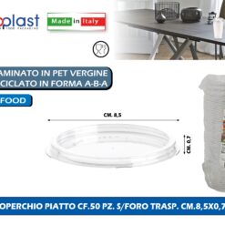 Poloplast Coperchio Piatto Cf.50 Pz. S/Foro Trasp. Cm.8,5X0,7H