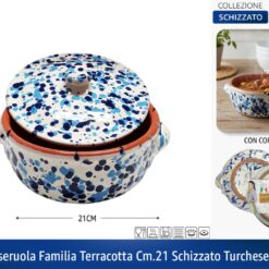 CASSERUOLA FAMILIA TERRACOTTA CM.21 SCHIZZATO TURCHESE-BLU