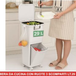 PATTUMIERA DA CUCINA CON RUOTE 3 SCOMPARTI LT.29 BIANCA