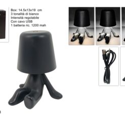 LAMPADA DA TAVOLO OMINO SEDUTO STILIZZATO NERO RICARICABILE CON CAVO