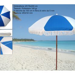 OMBRELLONE MARE 200/8 CON FRANGE 32/32 FIBRE DI VETRO MM.5 BICOLORE BLU
