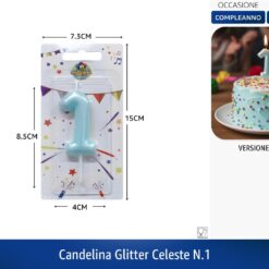 CANDELINA SINGOLA NUMERO 1 GLITTER CELESTE