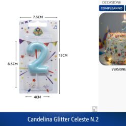 CANDELINA SINGOLA NUMERO 2 GLITTER CELESTE