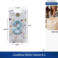 CANDELINA SINGOLA NUMERO 3 GLITTER CELESTE