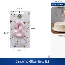 CANDELINA SINGOLA NUMERO 3 GLITTER ROSA