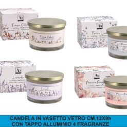 CANDELA IN VASETTO VETRO CM.12X9h CON TAPPO ALLUMINIO 4 FRAGRANZE