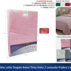 COMPLETO LETTO SINGOLO ANTEA TINTA UNITA 2 LENZUOLA+FEDERA COL. ASS.