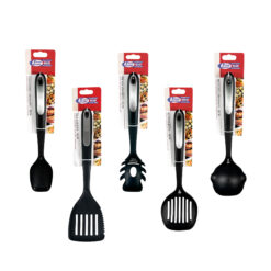 Set Utensili Cucina Nylon Nero Antiscivolo 6 Pezzi (MESTOLO SPAGHETTI, CUCCHIAIONE, PALA RIGATA, SCHIUMAROLA, MESTOLO)