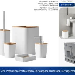 SET BAGNO 5 PZ. PATTUMIERA-PORTASCOPINO-PORTASAPONE-DISPENSER-PORTASPAZZOLINO BIANCO