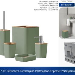 SET BAGNO 5 PZ. PATTUMIERA-PORTASCOPINO-PORTASAPONE-DISPENSER-PORTASPAZZOLINO VERDE