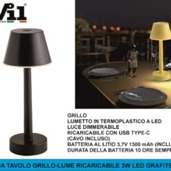 LAMPADA DA TAVOLO GRILLO-LUME RICARICABILE 3W LED NERO CCT3+RGB