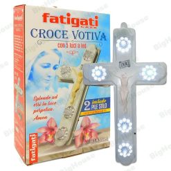 Crocifisso INRI Croce Cristiana Votiva con 5 Luci a LED Bianca + 2 Pile AA Stilo