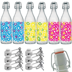 Set 6 Bottiglie Grandi Vetro Cerchi Colorate con Tappo Ermetico Acqua Vino Olio