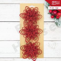 Decorazione Stella di Natale 3 Pz. Fiore Rosso Glitterato Addobbi Natalizi 11 cm