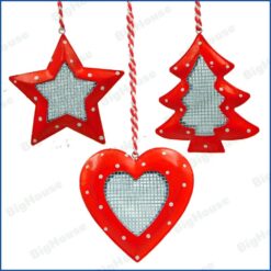 Decorazioni Natalizie Metallo Rosso 3 Pz. Stella Cuore Addobbi Albero di Natale