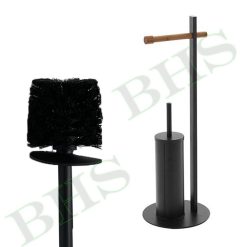 Piantana Scopino Spazzolone WC Acciaio con Portarotolone Carta Igienica in Bambù