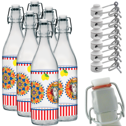 Set 6 Bottiglie in Vetro Grande con Tappo Ermetico Acqua Vino Caltagirone Limone
