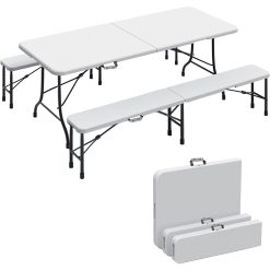 Tavolino Pieghevole Bianco con Panchina Portatile Tavolo Giardino Esterno Picnic