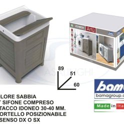 Mobiletto Lavatoio Artù Tortora 60x51x89 cm Sportello Posizionabile + Kit Sifone