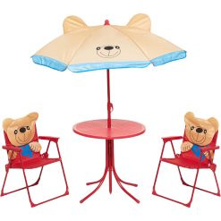Salottino da Giardino Tavolo con Ombrellone per Bambini + 2 Sedioline Orsetti
