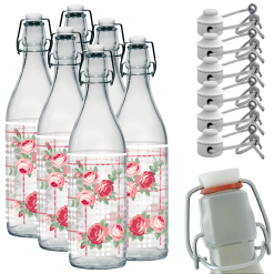 Set 6 Bottiglie in Vetro Grande con Tappo Ermetico Acqua Vino Succo Rose Fiori
