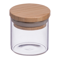 Barattolo Piccolo in Vetro Trasparente con Tappo Bambù Portaspezie Ø 5 × 6h cm