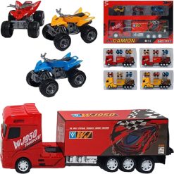 Macchinine 1 Camion con Rimorchio + 3 Quad Moto Fuoristrada Giocattoli Bambini