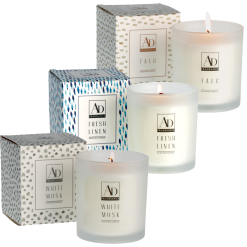 CANDELA BARATTOLO VETRO CM.8X9,5h 3 FRAGRANZE