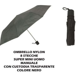 Ombrello Super Mini Nero Nylon 8 Stecche con Custodia Trasparente Resistente