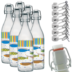 Set 6 Bottiglie in Vetro Grande con Tappo Ermetico Acqua Vino Pesci Colorati