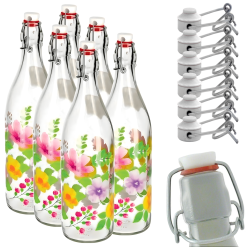 Set 6 Bottiglie in Vetro Grande con Tappo Ermetico a Fiori per Acqua Vino Succo