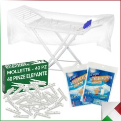 Stendibiancheria Nanni con Ruote + Mollette + Copristendino Set Completo Bucato