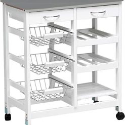 Carrello da Cucina Doppio + 3 Ripiani Legno + 3 Cestelli in Metallo + 2 Cassetti