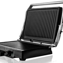 BEHOME Bistecchiera Elettrica con Doppia Piastra in Ghisa Antiaderente 1800 Watt | Barbecue Elettrico Temperatura regolabile e Vaschetta raccogli grasso