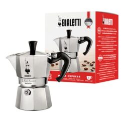 Bialetti Caffettiera Moka Express, Manico anti scottatura, Non adatta a induzione, 1 Tazze (60 ml), Alluminio