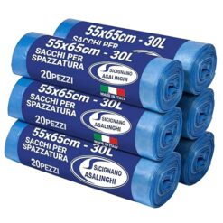 Casalinghi Sicignano 120 Sacchetti Immondizia 30 Litri Resistenti (6 Rotoli da 20), 55x65 cm Antigoccia, Sacchi Spazzatura Azzurri Trasparenti con Legaccio per Raccolta Differenziata, Made in Italy