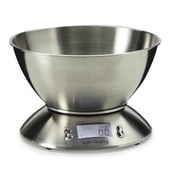 Innoliving Bilancia Elettronica Digitale da Cucina INN-127 con Grande Ciotola da 2L in Acciaio Inox, Display LCD Retroilluminato, 5kg x 1g, Funzioni Timer e Termometro Temperatura