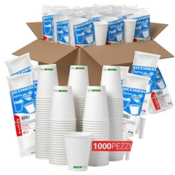 Sicignano Bicchieri Monouso Carta BIO 180ml Bianchi Compostabili, Biodegradabili, Ecologici per Acqua, Caffè e Bevande Calde/Fredde, Resistenti per Ufficio, Casa e Feste (1000 pz, Scorta Pro)