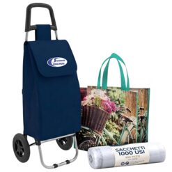 Sicignano Carrello Spesa Pieghevole 40L Leggero con Kit Organizzazione, Trolley Porta Spesa 2 Ruote + Borsa Shopper Rinforzata e 300 Sacchetti Freezer, Sistema Salvaspazio 25kg, Blu Navy